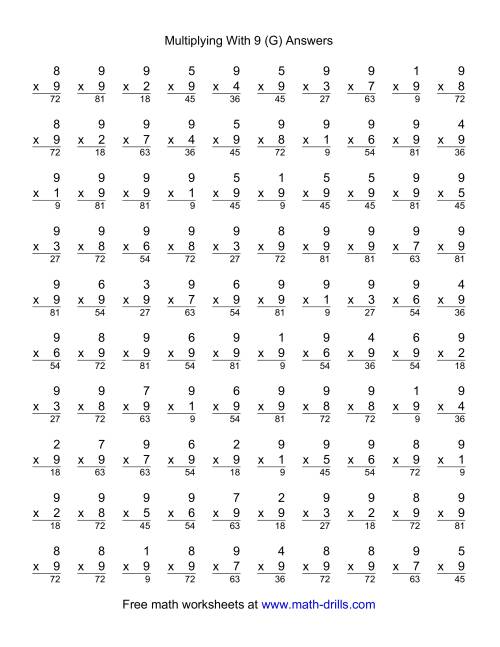 The 100 Vertical Questions -- Multiplication Facts -- 9 by 1-9 (G) Math Worksheet Page 2