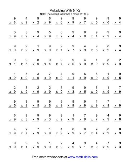 The 100 Vertical Questions -- Multiplication Facts -- 9 by 1-9 (K) Math Worksheet