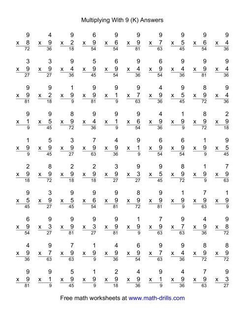 The 100 Vertical Questions -- Multiplication Facts -- 9 by 1-9 (K) Math Worksheet Page 2