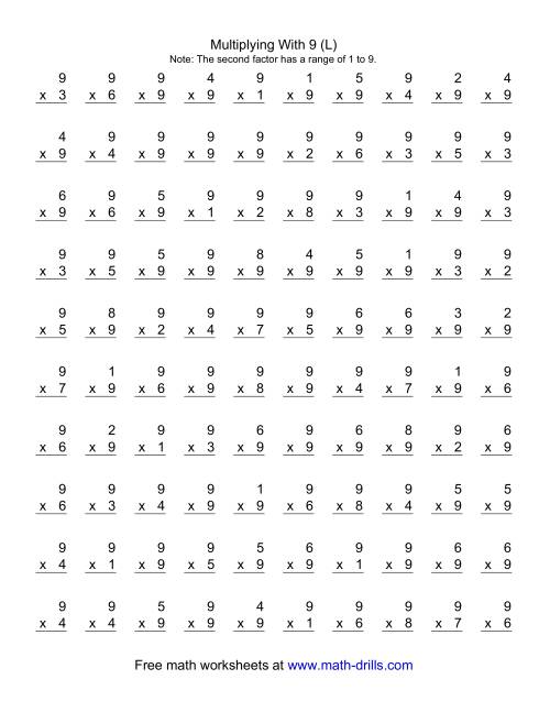 The 100 Vertical Questions -- Multiplication Facts -- 9 by 1-9 (L) Math Worksheet