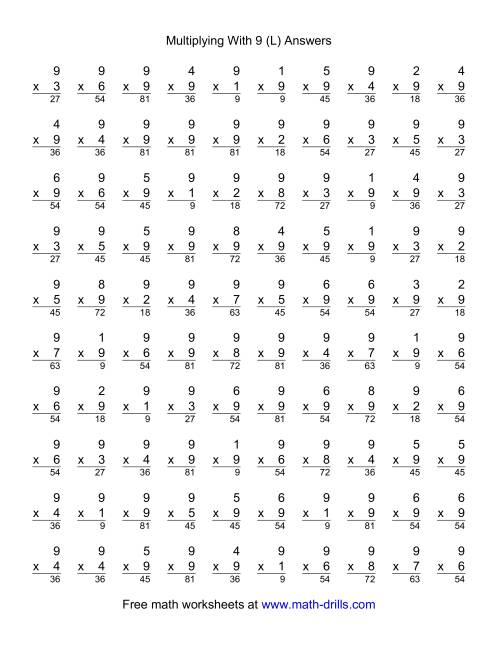 The 100 Vertical Questions -- Multiplication Facts -- 9 by 1-9 (L) Math Worksheet Page 2