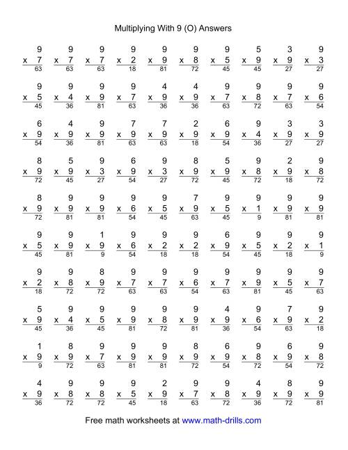 The 100 Vertical Questions -- Multiplication Facts -- 9 by 1-9 (O) Math Worksheet Page 2