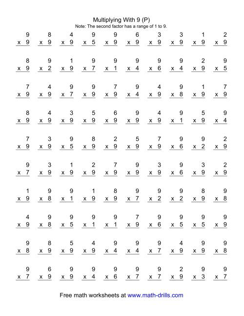 The 100 Vertical Questions -- Multiplication Facts -- 9 by 1-9 (P) Math Worksheet