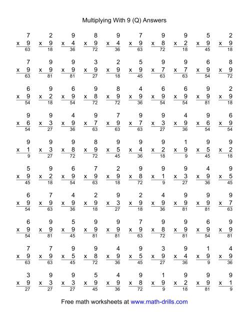 The 100 Vertical Questions -- Multiplication Facts -- 9 by 1-9 (Q) Math Worksheet Page 2