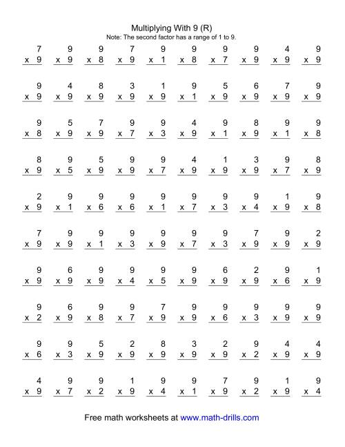 The 100 Vertical Questions -- Multiplication Facts -- 9 by 1-9 (R) Math Worksheet