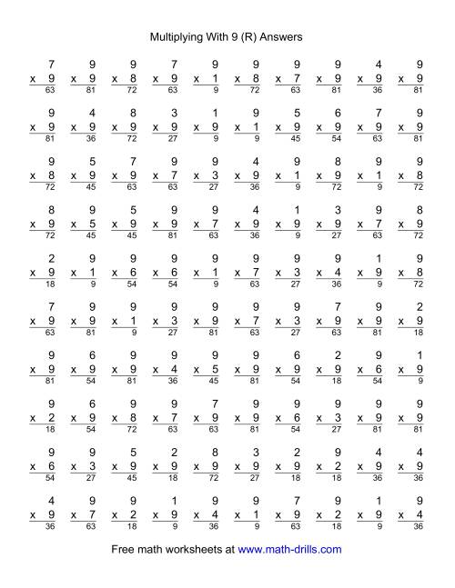 The 100 Vertical Questions -- Multiplication Facts -- 9 by 1-9 (R) Math Worksheet Page 2