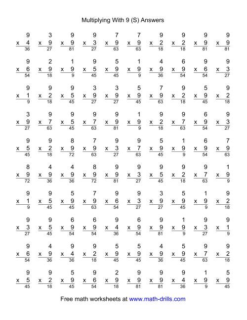 The 100 Vertical Questions -- Multiplication Facts -- 9 by 1-9 (S) Math Worksheet Page 2