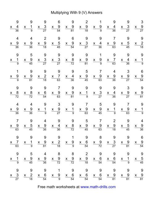 The 100 Vertical Questions -- Multiplication Facts -- 9 by 1-9 (V) Math Worksheet Page 2