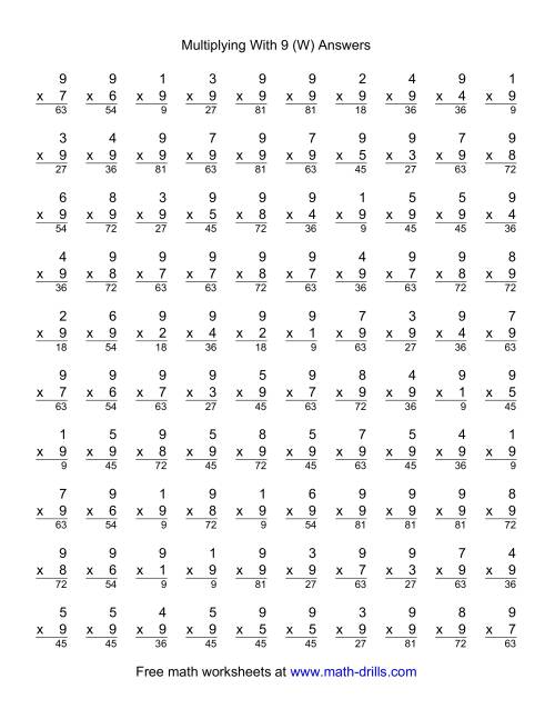 The 100 Vertical Questions -- Multiplication Facts -- 9 by 1-9 (W) Math Worksheet Page 2