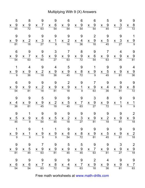 The 100 Vertical Questions -- Multiplication Facts -- 9 by 1-9 (X) Math Worksheet Page 2