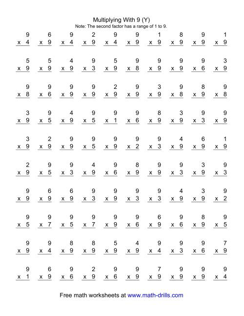 The 100 Vertical Questions -- Multiplication Facts -- 9 by 1-9 (Y) Math Worksheet