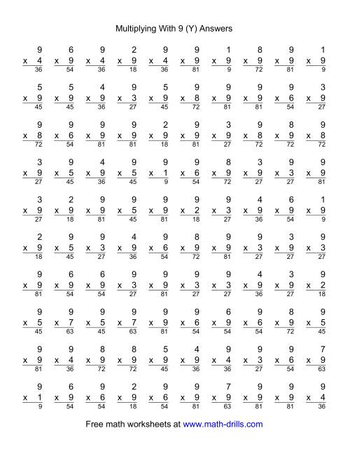 The 100 Vertical Questions -- Multiplication Facts -- 9 by 1-9 (Y) Math Worksheet Page 2