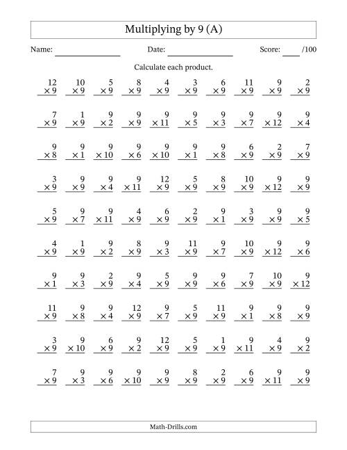 The Multiplying (1 to 12) by 9 (100 Questions) (A) Math Worksheet