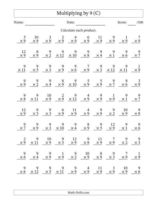 The Multiplying (1 to 12) by 9 (100 Questions) (C) Math Worksheet