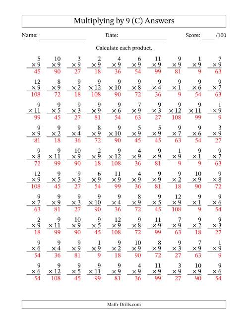 The Multiplying (1 to 12) by 9 (100 Questions) (C) Math Worksheet Page 2