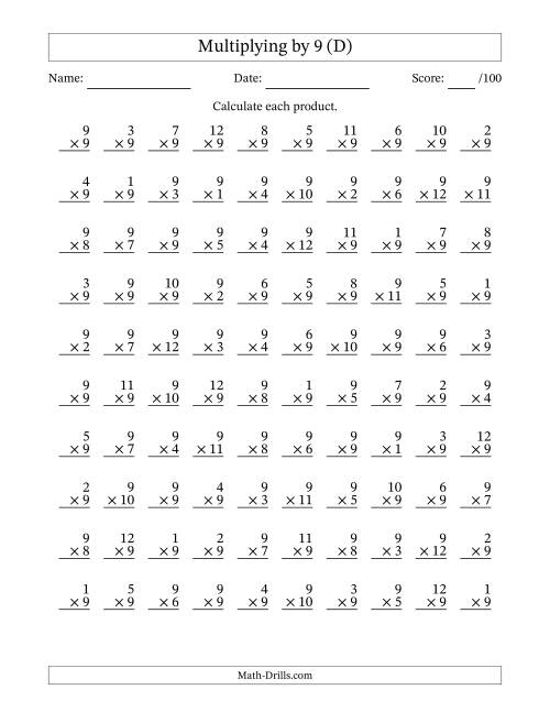 The Multiplying (1 to 12) by 9 (100 Questions) (D) Math Worksheet