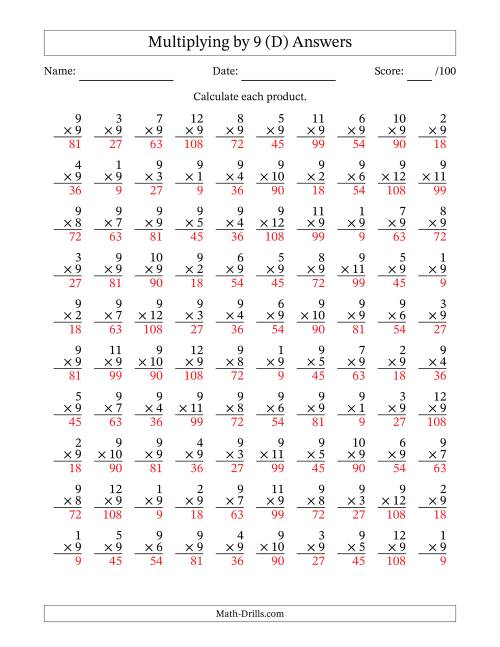 The Multiplying (1 to 12) by 9 (100 Questions) (D) Math Worksheet Page 2