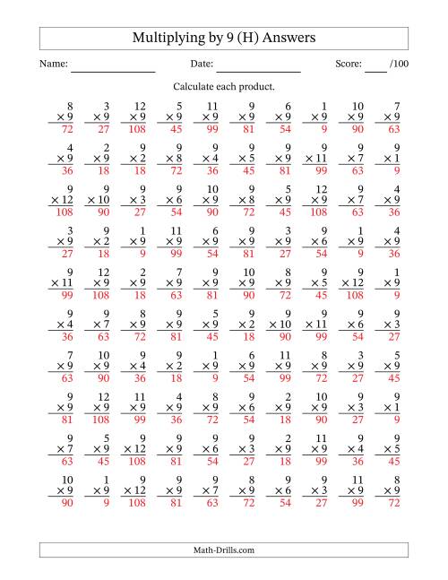 The Multiplying (1 to 12) by 9 (100 Questions) (H) Math Worksheet Page 2