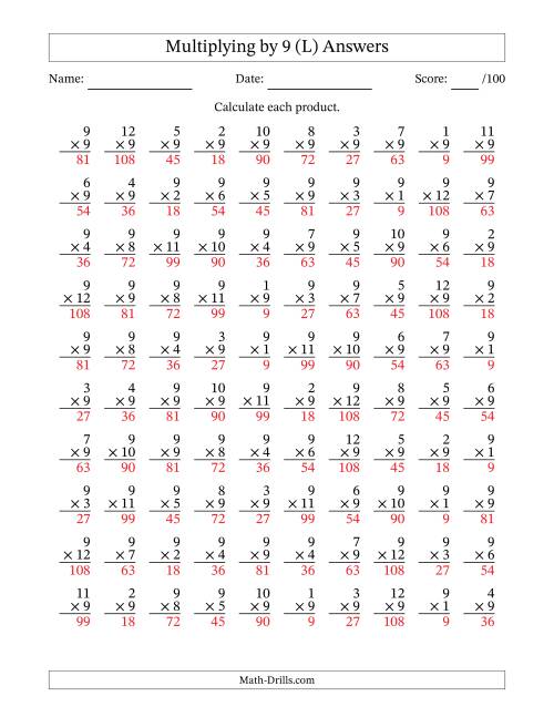 The Multiplying (1 to 12) by 9 (100 Questions) (L) Math Worksheet Page 2