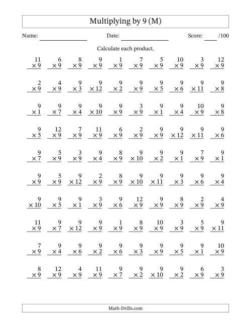 The Multiplying (1 to 12) by 9 (100 Questions) (M) Math Worksheet