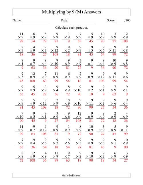The Multiplying (1 to 12) by 9 (100 Questions) (M) Math Worksheet Page 2