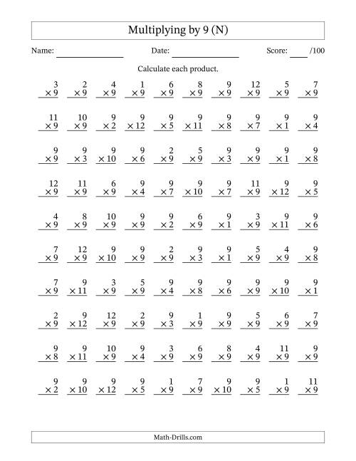 The Multiplying (1 to 12) by 9 (100 Questions) (N) Math Worksheet