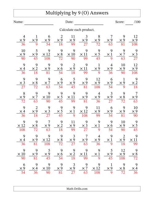The Multiplying (1 to 12) by 9 (100 Questions) (O) Math Worksheet Page 2