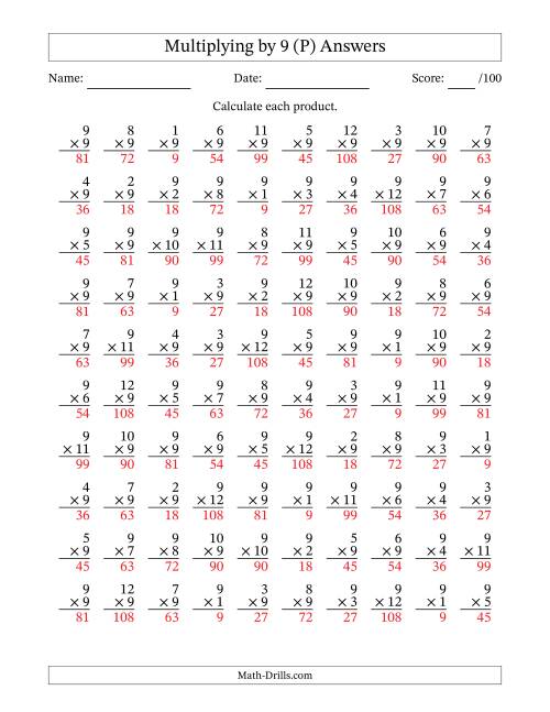 The Multiplying (1 to 12) by 9 (100 Questions) (P) Math Worksheet Page 2