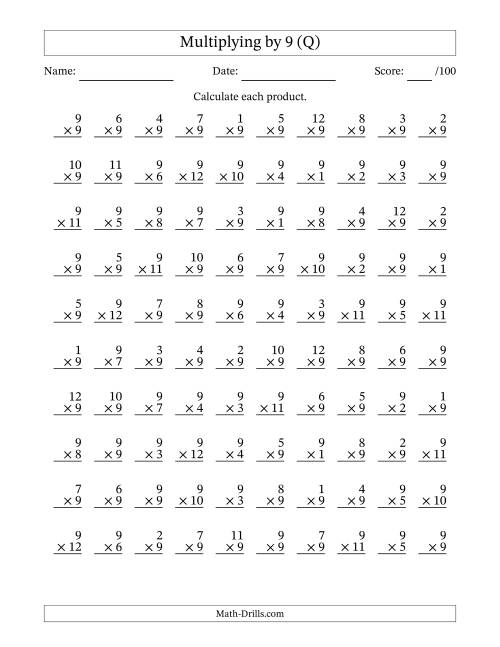 The Multiplying (1 to 12) by 9 (100 Questions) (Q) Math Worksheet