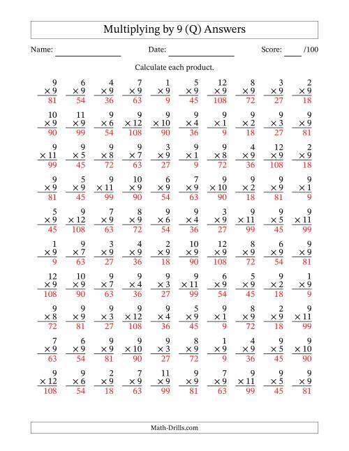 The Multiplying (1 to 12) by 9 (100 Questions) (Q) Math Worksheet Page 2