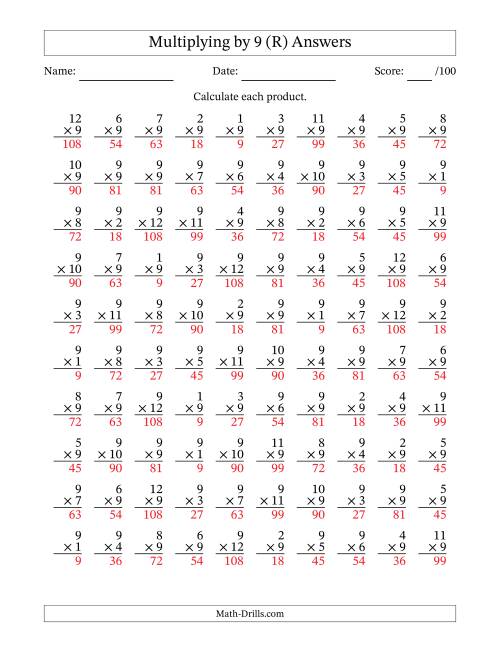 The Multiplying (1 to 12) by 9 (100 Questions) (R) Math Worksheet Page 2