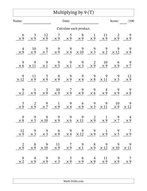 The Multiplying (1 to 12) by 9 (100 Questions) (T) Math Worksheet