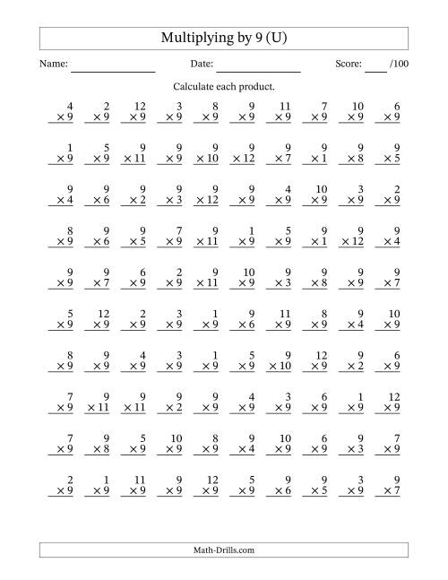 The Multiplying (1 to 12) by 9 (100 Questions) (U) Math Worksheet