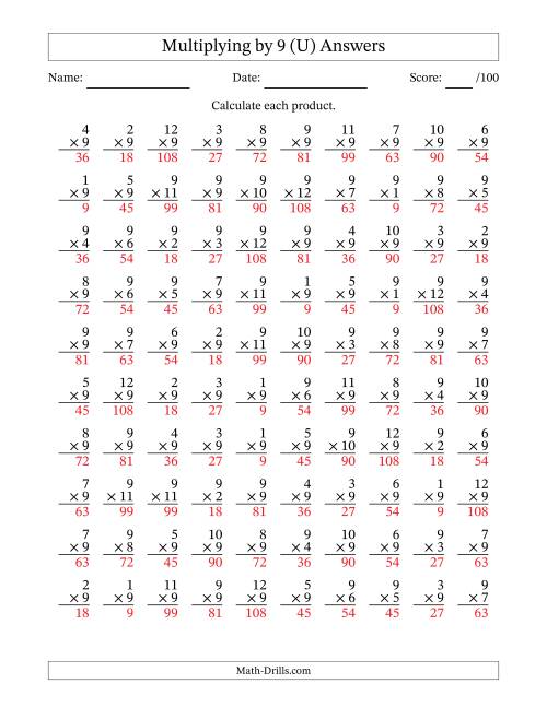The Multiplying (1 to 12) by 9 (100 Questions) (U) Math Worksheet Page 2