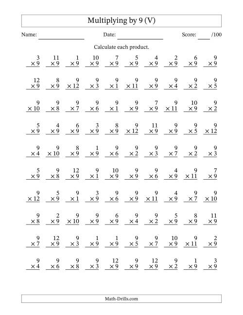 The Multiplying (1 to 12) by 9 (100 Questions) (V) Math Worksheet
