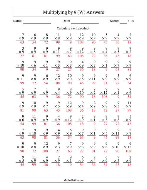 The Multiplying (1 to 12) by 9 (100 Questions) (W) Math Worksheet Page 2