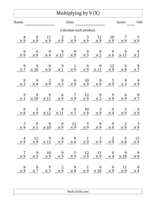 The Multiplying (1 to 12) by 9 (100 Questions) (X) Math Worksheet