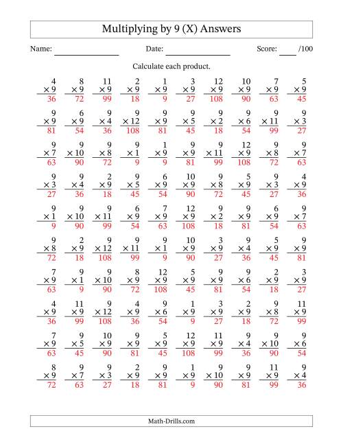 The Multiplying (1 to 12) by 9 (100 Questions) (X) Math Worksheet Page 2