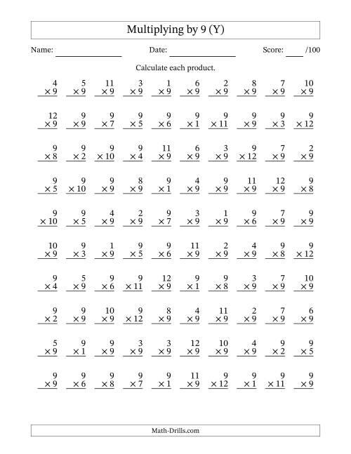 The Multiplying (1 to 12) by 9 (100 Questions) (Y) Math Worksheet