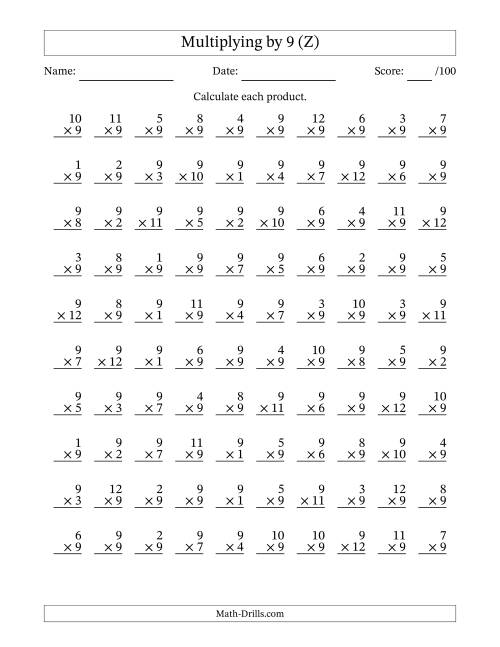 The Multiplying (1 to 12) by 9 (100 Questions) (Z) Math Worksheet
