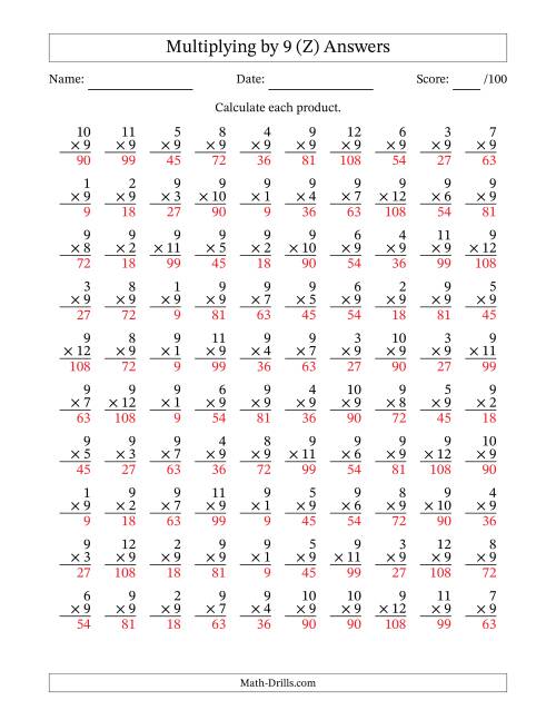 The Multiplying (1 to 12) by 9 (100 Questions) (Z) Math Worksheet Page 2