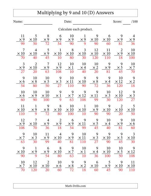 The Multiplying (1 to 12) by 9 and 10 (100 Questions) (D) Math Worksheet Page 2