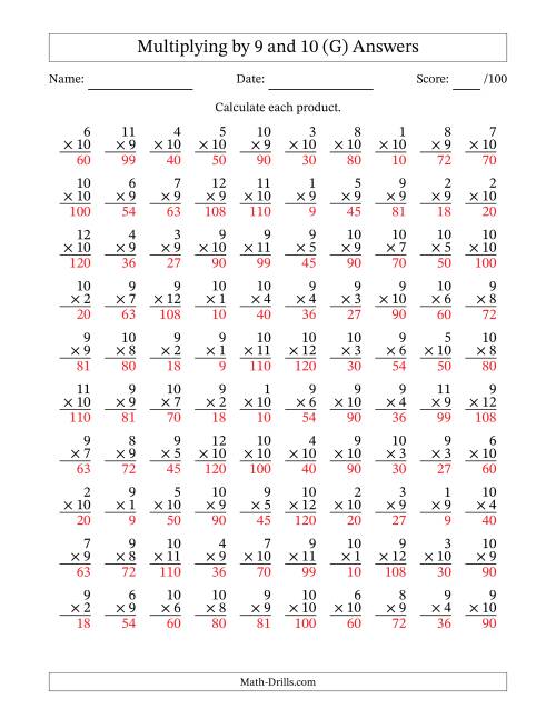 The Multiplying (1 to 12) by 9 and 10 (100 Questions) (G) Math Worksheet Page 2