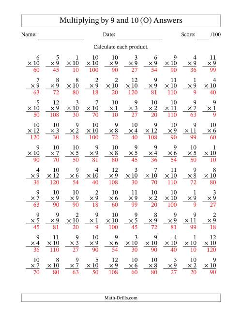 The Multiplying (1 to 12) by 9 and 10 (100 Questions) (O) Math Worksheet Page 2