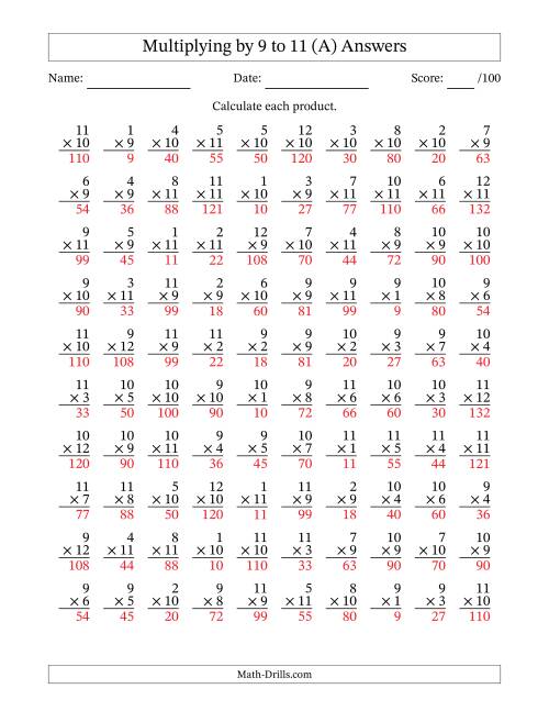 The Multiplying (1 to 12) by 9 to 11 (100 Questions) (A) Math Worksheet Page 2