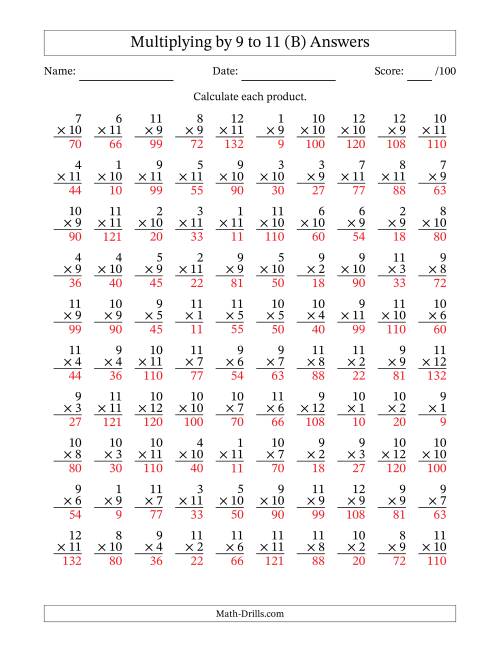 The Multiplying (1 to 12) by 9 to 11 (100 Questions) (B) Math Worksheet Page 2
