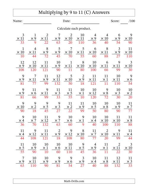 The Multiplying (1 to 12) by 9 to 11 (100 Questions) (C) Math Worksheet Page 2