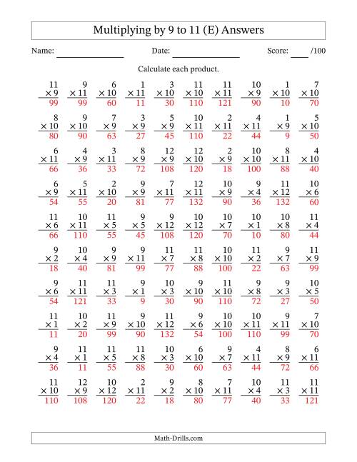 The Multiplying (1 to 12) by 9 to 11 (100 Questions) (E) Math Worksheet Page 2