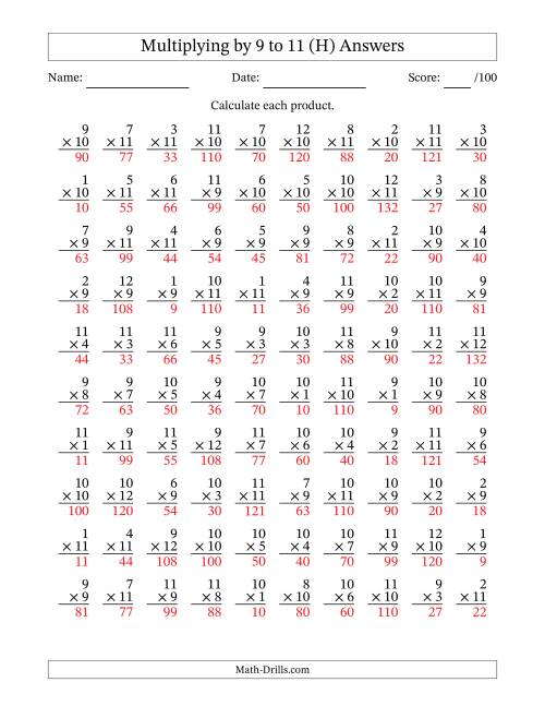The Multiplying (1 to 12) by 9 to 11 (100 Questions) (H) Math Worksheet Page 2