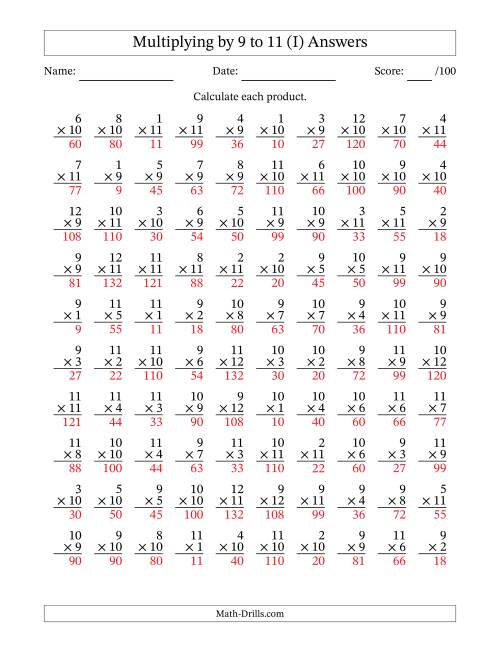 The Multiplying (1 to 12) by 9 to 11 (100 Questions) (I) Math Worksheet Page 2